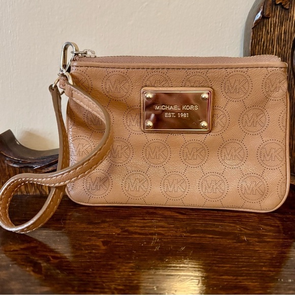 Michael Kors Handbags - Michael Kors| Tan Leather Monogram Logo Wristlet Mini Purse 5 x 4”